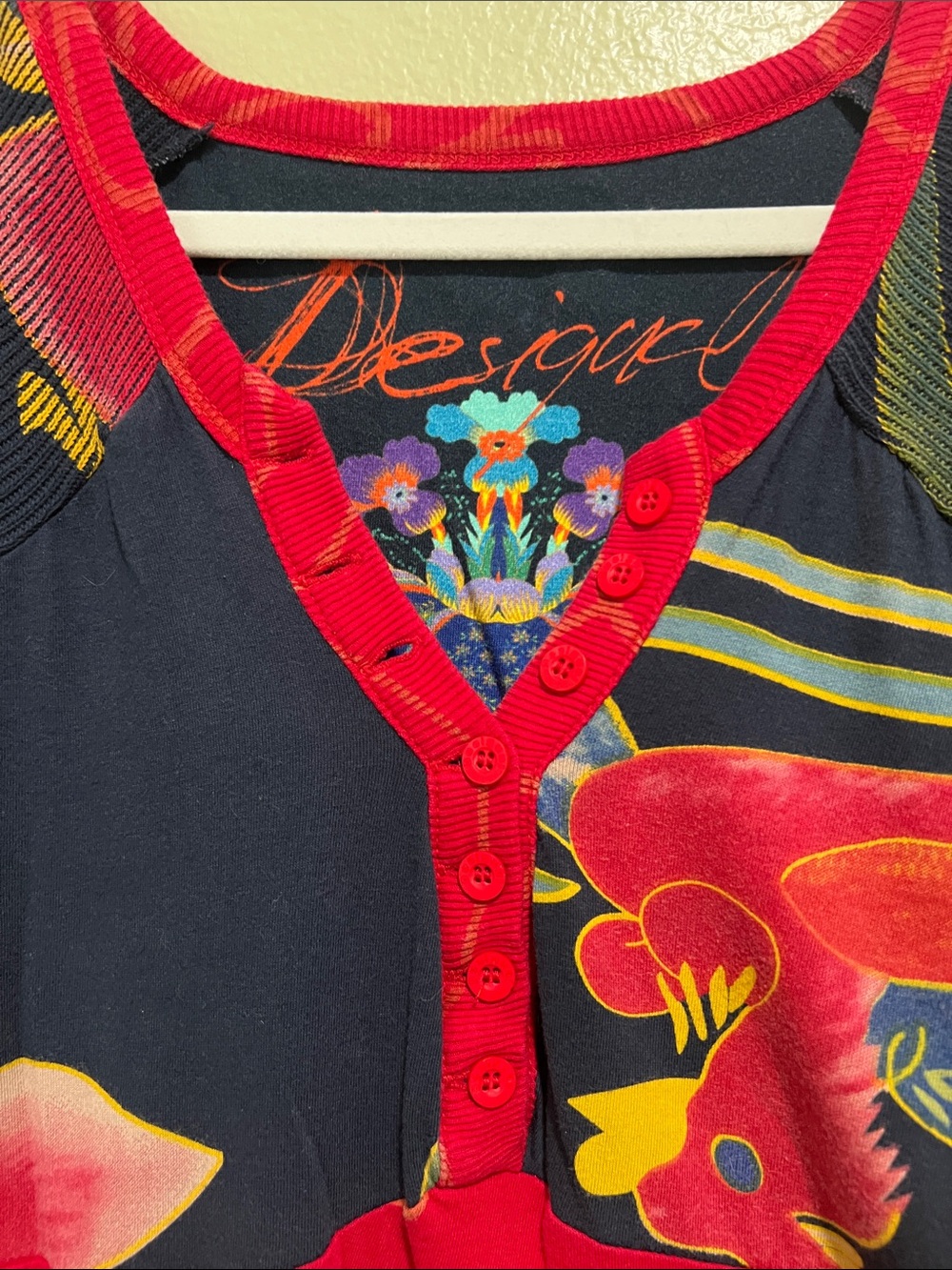 Desigual Navy Multicolor Floral V-Neck Knit Dress with Pink Trim - Picture 3 of 6